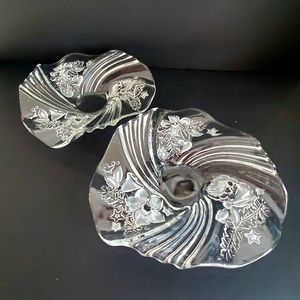 Large Ornate Clear Glass Candleholders 2 Swirls Leaves Berries Trinket Dish Bowl